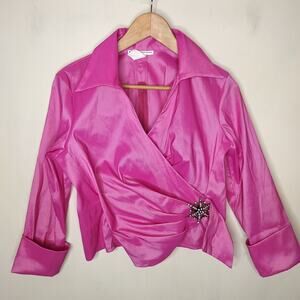 U3 Collection Pink Taffeta Faux Wrap Top Rhinestone Jewel